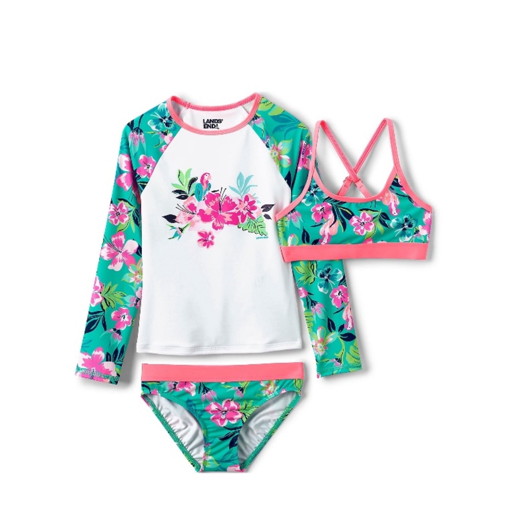 Lands' End Girls 3 Piece Swimsuit & Rash Guard Set (Sz 4) Tropical Parrot